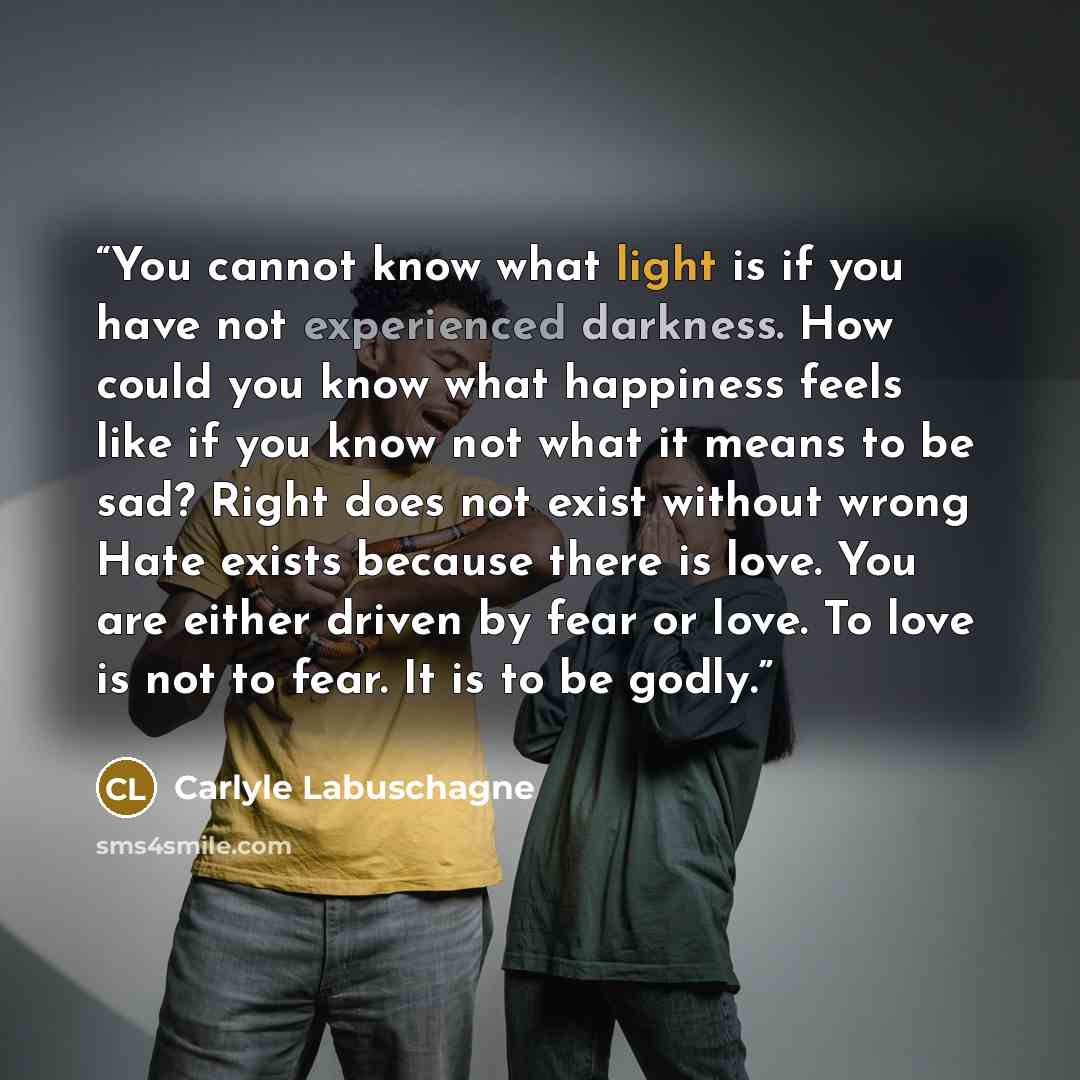 “You cannot know what light is if you have not experienced darkness. How could you know what happiness feels like if you know not what it means to be sad? Right does not exist without wrong Hate exists because there is love. You are either driven by fear or love. To love is not to fear. It is to be…” quote by Carlyle Labuschagne