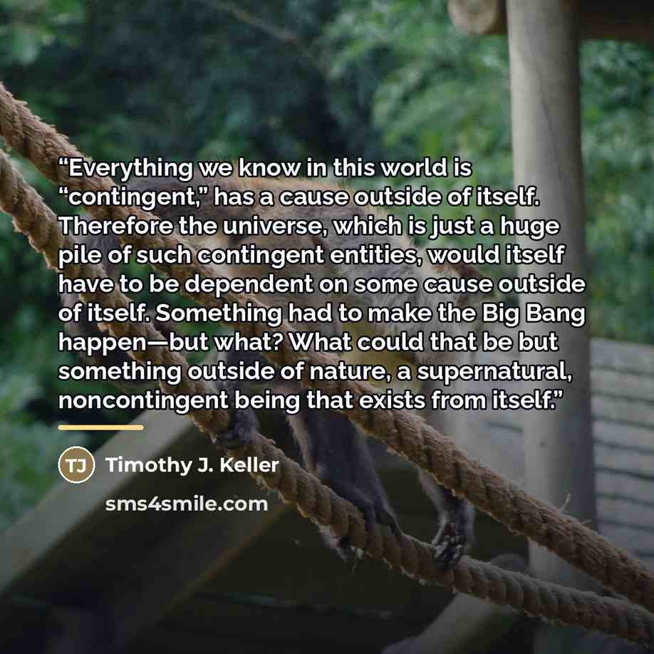 “Everything we know in this world is “contingent,” has a cause outside of itself. Therefore the universe, which is just a huge pile of such contingent entities, would itself have to be dependent on some cause outside of itself. Something had to make the Big Bang happen—but what? What could that be…” quote by Timothy J. Keller
