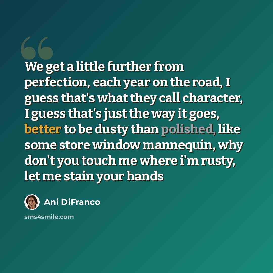 “We get a little further from perfection, each year on the road, I guess that's what they call character, I guess that's just the way it goes, better to be dusty than polished, like some store window mannequin, why don't you touch me where i'm rusty, let me stain your hands” quote by Ani DiFranco
