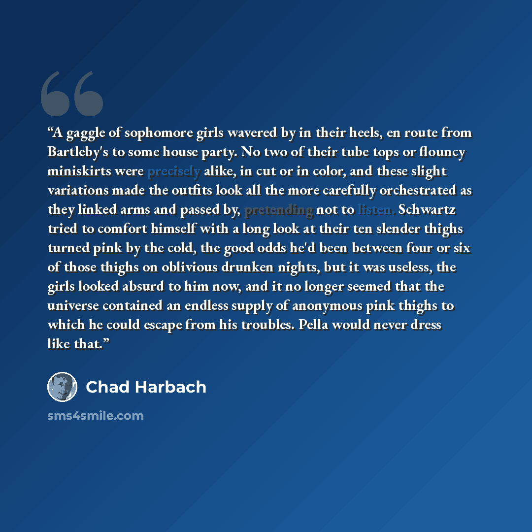 “A gaggle of sophomore girls wavered by in their heels, en route from Bartleby's to some house party. No two of their tube tops or flouncy miniskirts were precisely alike, in cut or in color, and these slight variations made the outfits look all the more carefully orchestrated as they linked arms…” quote by Chad Harbach