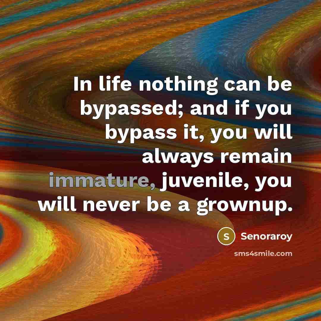 “In life nothing can be bypassed; and if you bypass it, you will always remain immature, juvenile, you will never be a grownup.” quote by Senoraroy