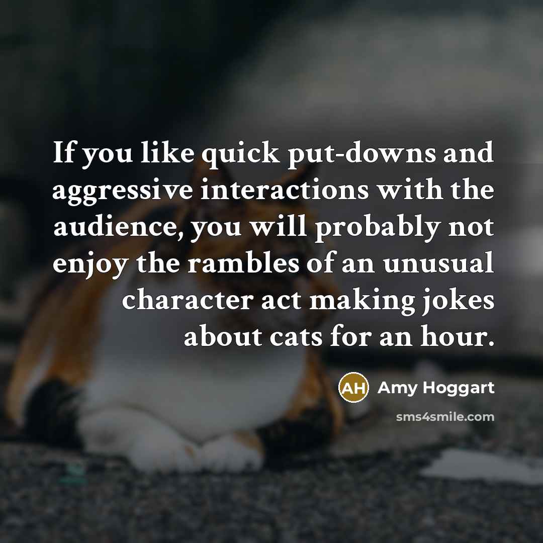 “If you like quick put-downs and aggressive interactions with the audience, you will probably not enjoy the rambles of an unusual character act making jokes about cats for an hour.” quote by Amy Hoggart