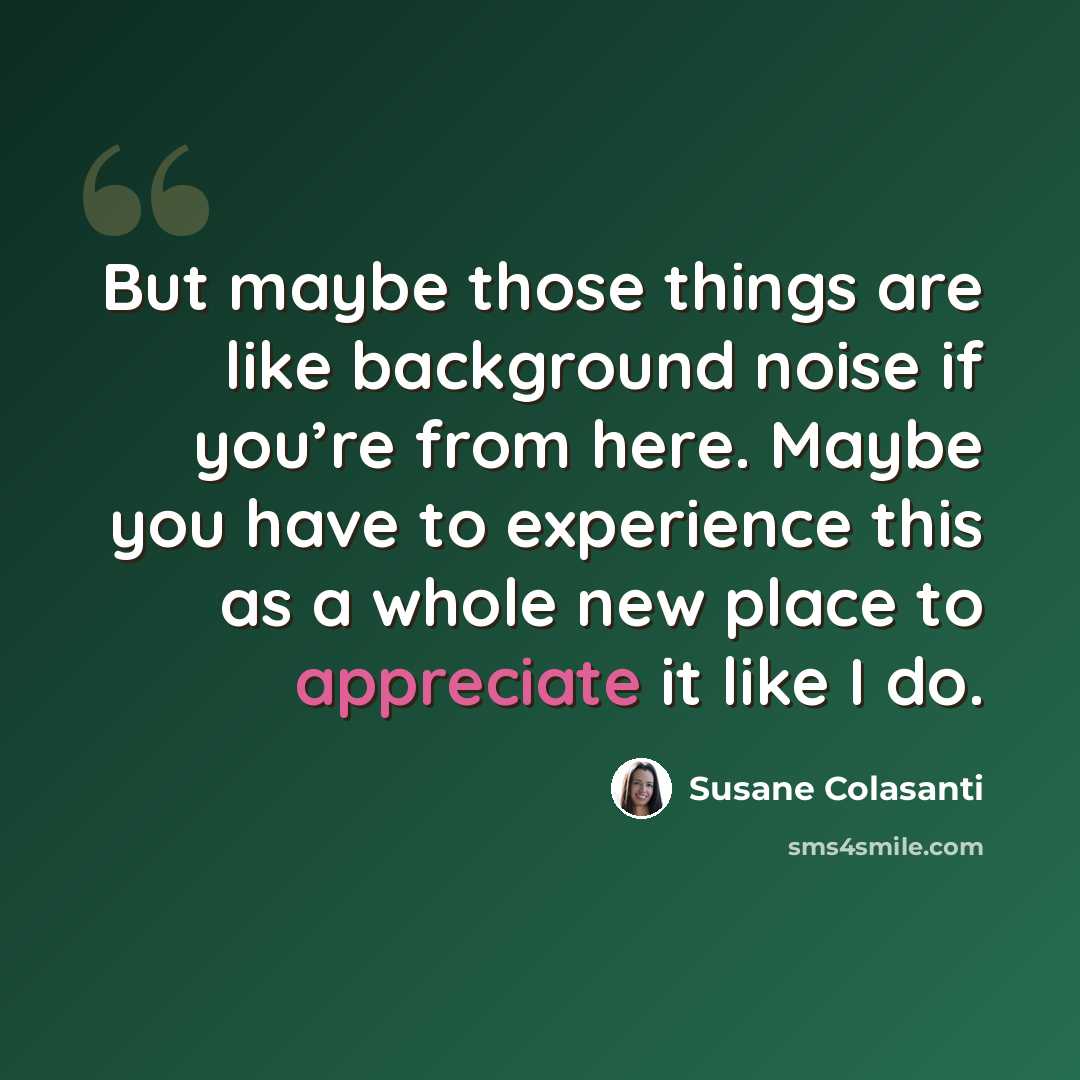 “But maybe those things are like background noise if you’re from here. Maybe you have to experience this as a whole new place to appreciate it like I do.” quote by Susane Colasanti