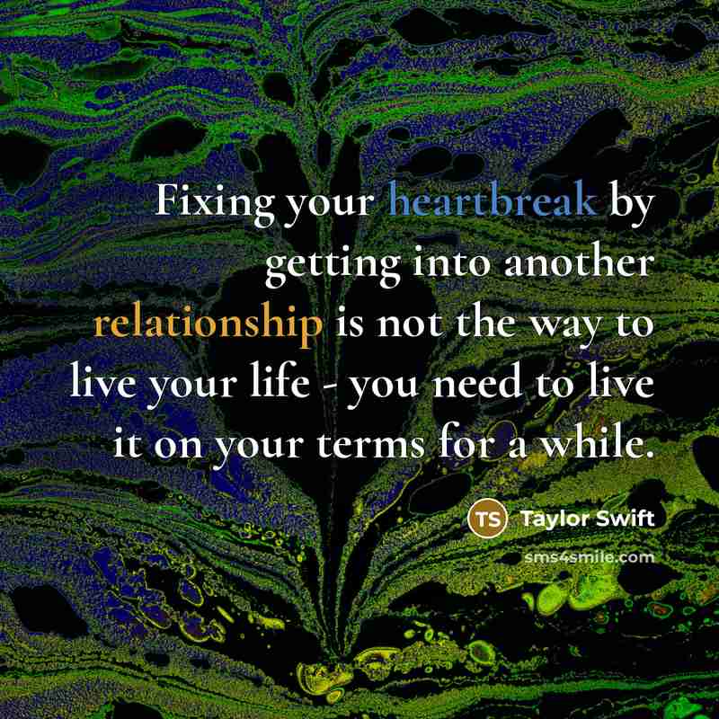 “Fixing your heartbreak by getting into another relationship is not the way to live your life - you need to live it on your terms for a while.” quote by Taylor Swift