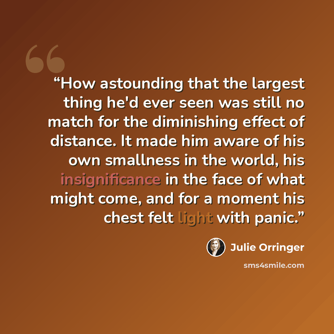 “How astounding that the largest thing he'd ever seen was still no match for the diminishing effect of distance. It made him aware of his own smallness in the world, his insignificance in the face of what might come, and for a moment his chest felt light with panic.” quote by Julie Orringer