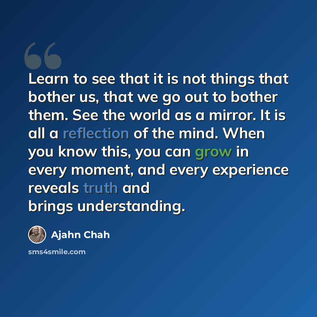 “Learn to see that it is not things that bother us, that we go out to bother them. See the world as a mirror. It is all a reflection of the mind. When you know this, you can grow in every moment, and every experience reveals truth and brings understanding.” quote by Ajahn Chah