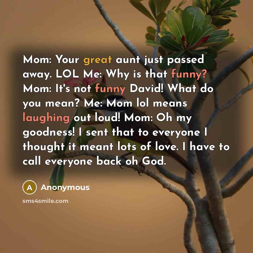 “Mom: Your great aunt just passed away. LOL Me: Why is that funny? Mom: It's not funny David! What do you mean? Me: Mom lol means laughing out loud! Mom: Oh my goodness! I sent that to everyone I thought it meant lots of love. I have to call everyone back oh God.” quote by Anonymous