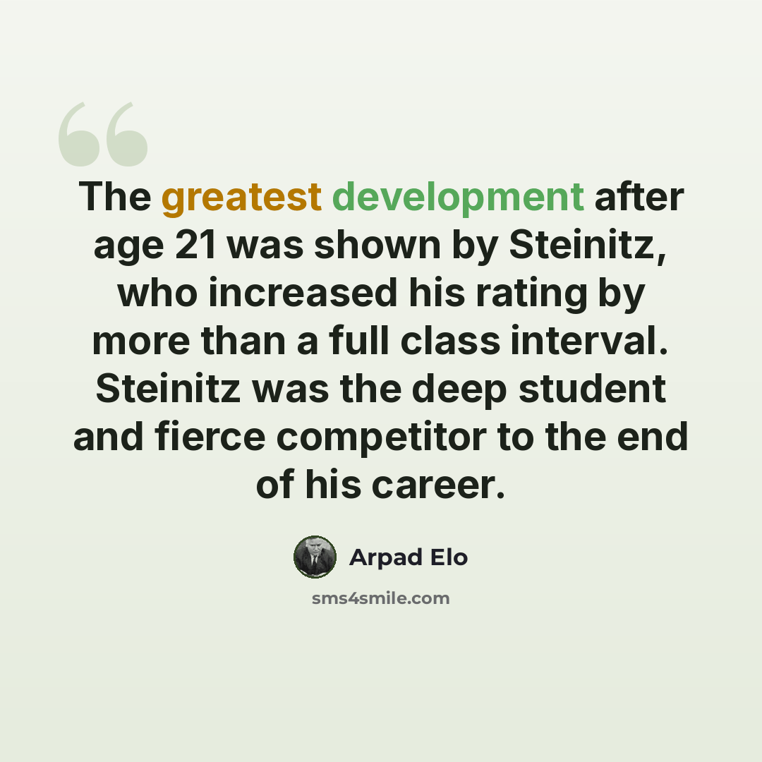 “The greatest development after age 21 was shown by Steinitz, who increased his rating by more than a full class interval. Steinitz was the deep student and fierce competitor to the end of his career.” quote by Arpad Elo