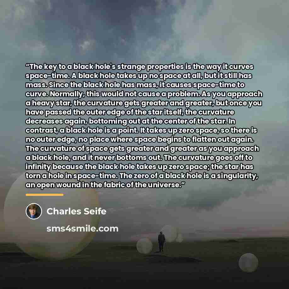 “The key to a black hole's strange properties is the way it curves space-time. A black hole takes up no space at all, but it still has mass. Since the black hole has mass, it causes space-time to curve. Normally, this would not cause a problem. As you approach a heavy star, the curvature gets…” quote by Charles Seife