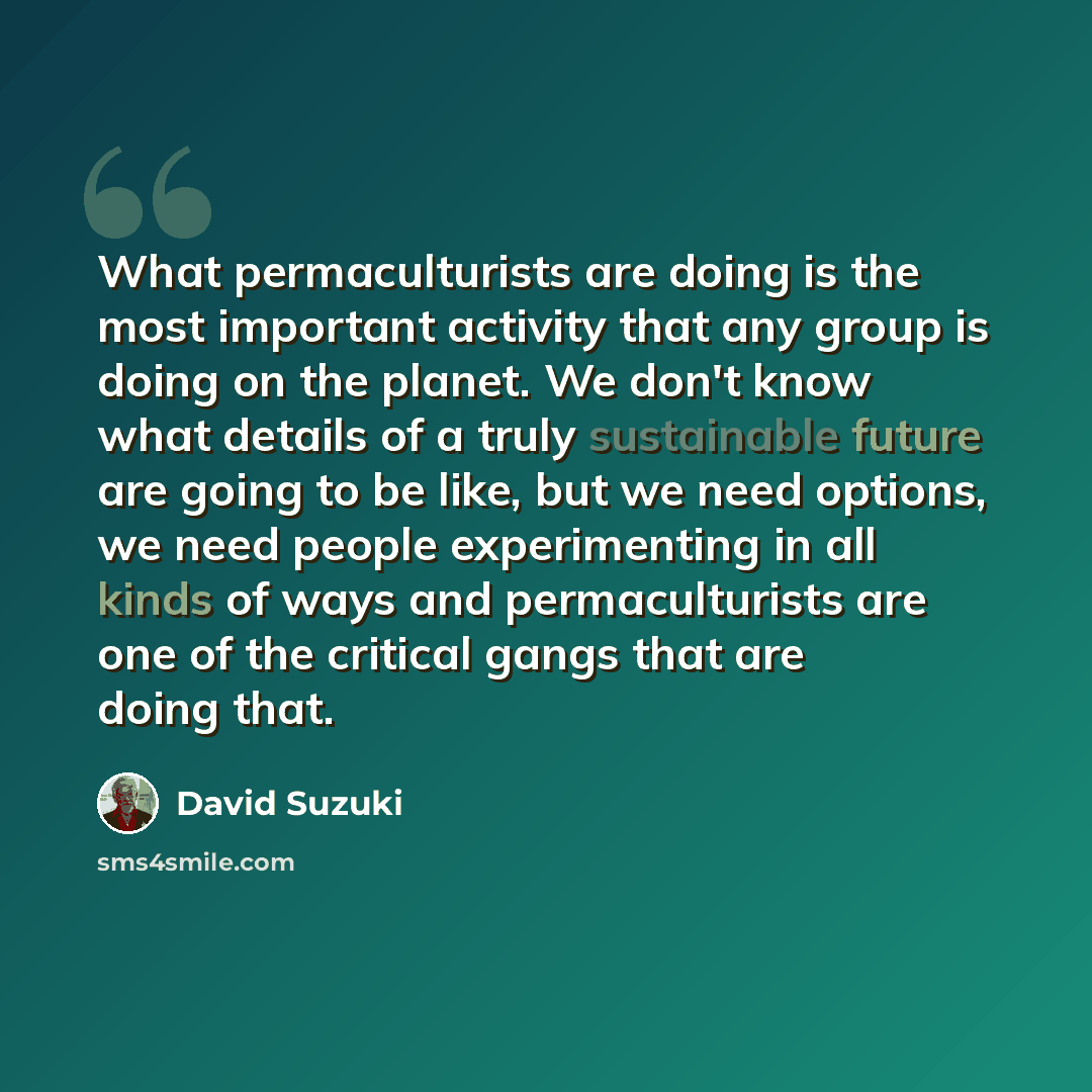 “What permaculturists are doing is the most important activity that any group is doing on the planet. We don't know what details of a truly sustainable future are going to be like, but we need options, we need people experimenting in all kinds of ways and permaculturists are one of the critical…” quote by David Suzuki