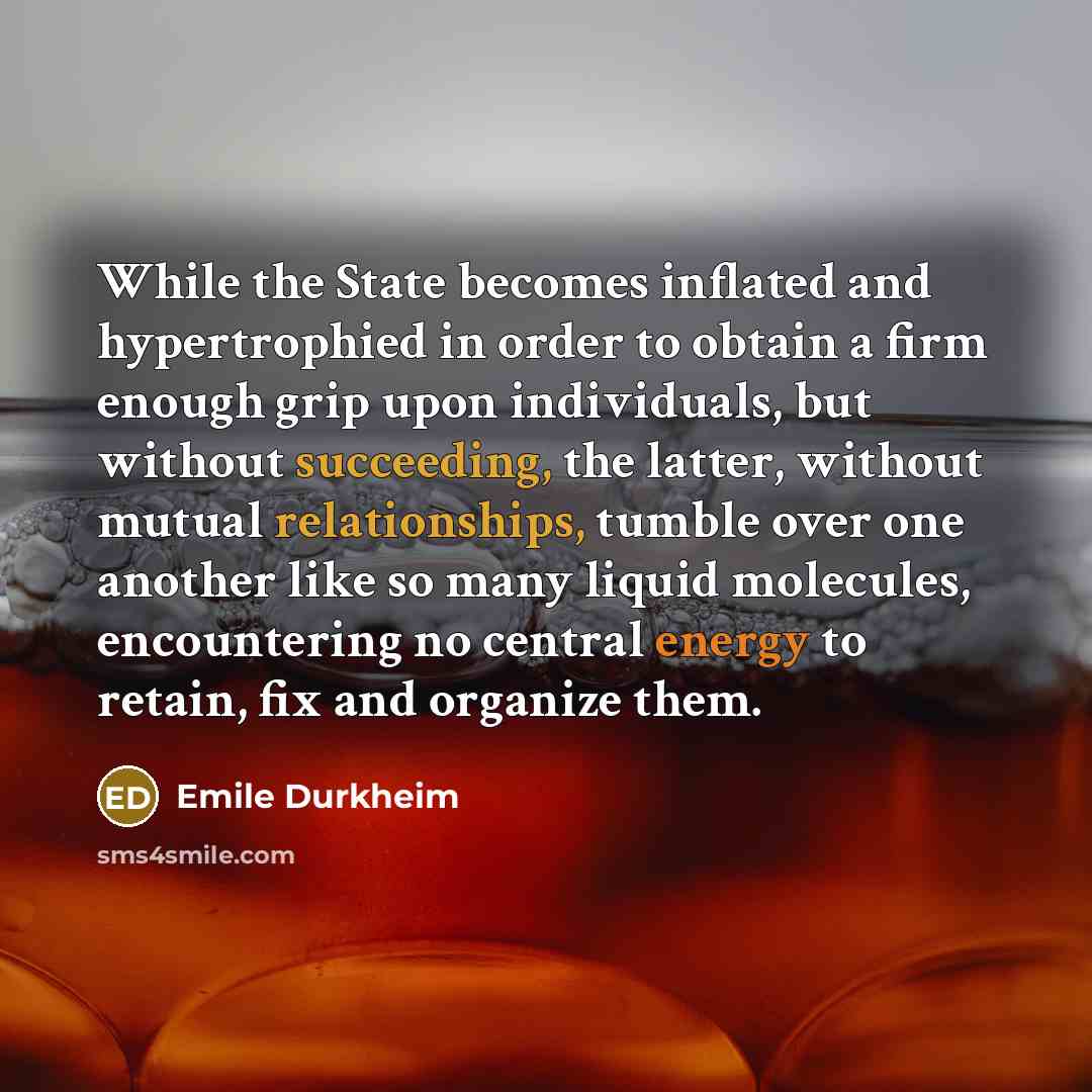 “While the State becomes inflated and hypertrophied in order to obtain a firm enough grip upon individuals, but without succeeding, the latter, without mutual relationships, tumble over one another like so many liquid molecules, encountering no central energy to retain, fix and organize them.” quote by Emile Durkheim
