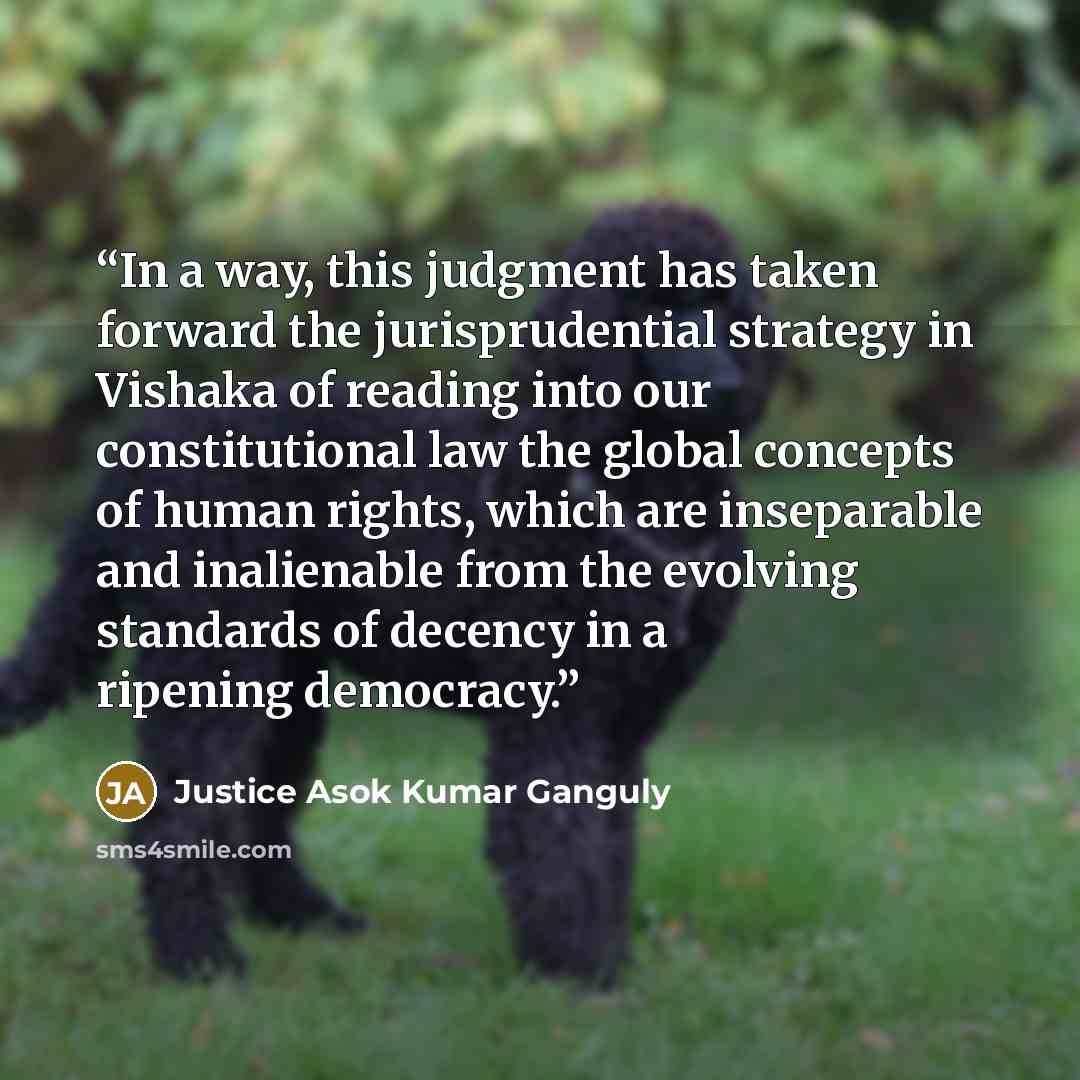 “In a way, this judgment has taken forward the jurisprudential strategy in Vishaka of reading into our constitutional law the global concepts of human rights, which are inseparable and inalienable from the evolving standards of decency in a ripening democracy.” quote by Justice Asok Kumar Ganguly