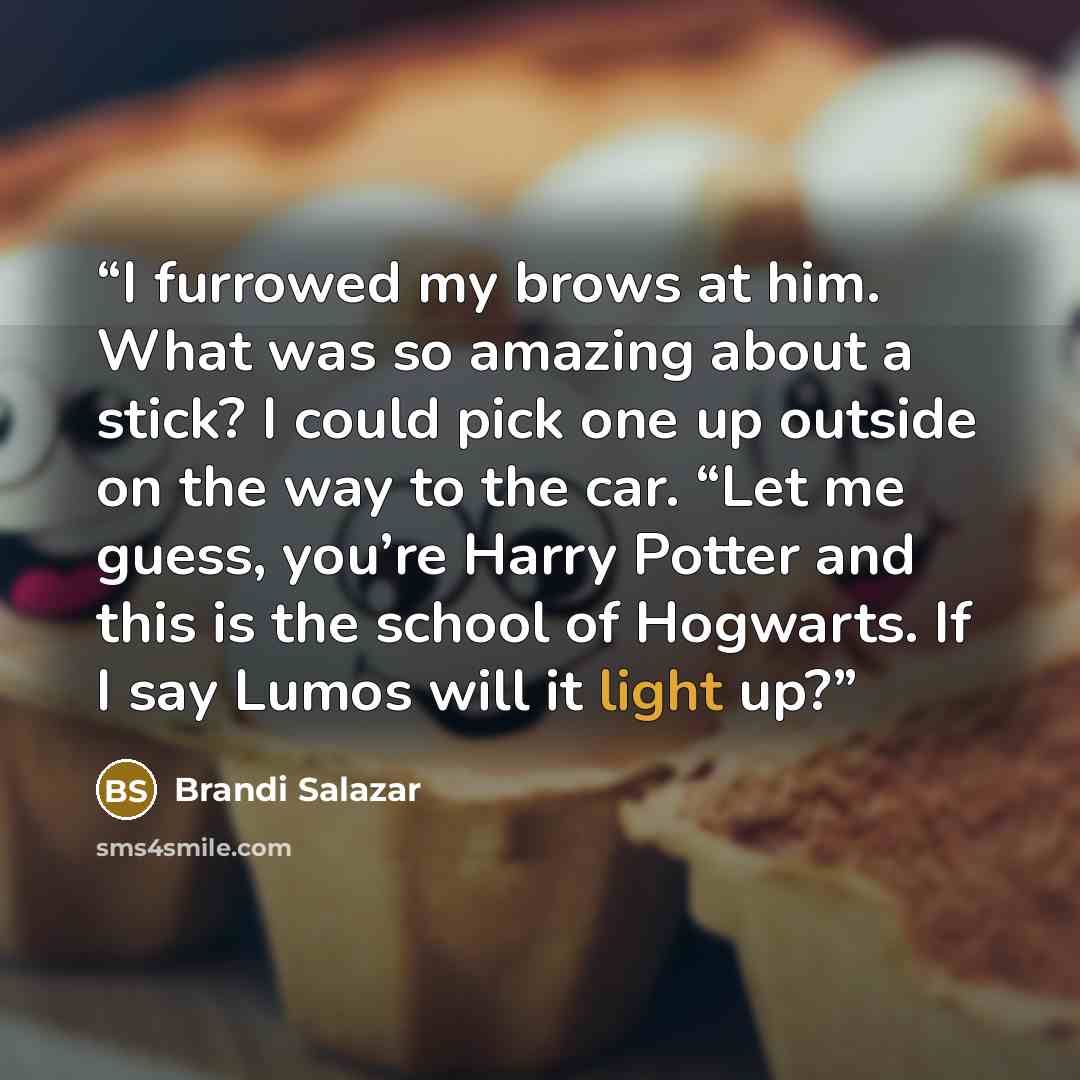 “I furrowed my brows at him. What was so amazing about a stick? I could pick one up outside on the way to the car. “Let me guess, you’re Harry Potter and this is the school of Hogwarts. If I say Lumos will it light up?” quote by Brandi Salazar
