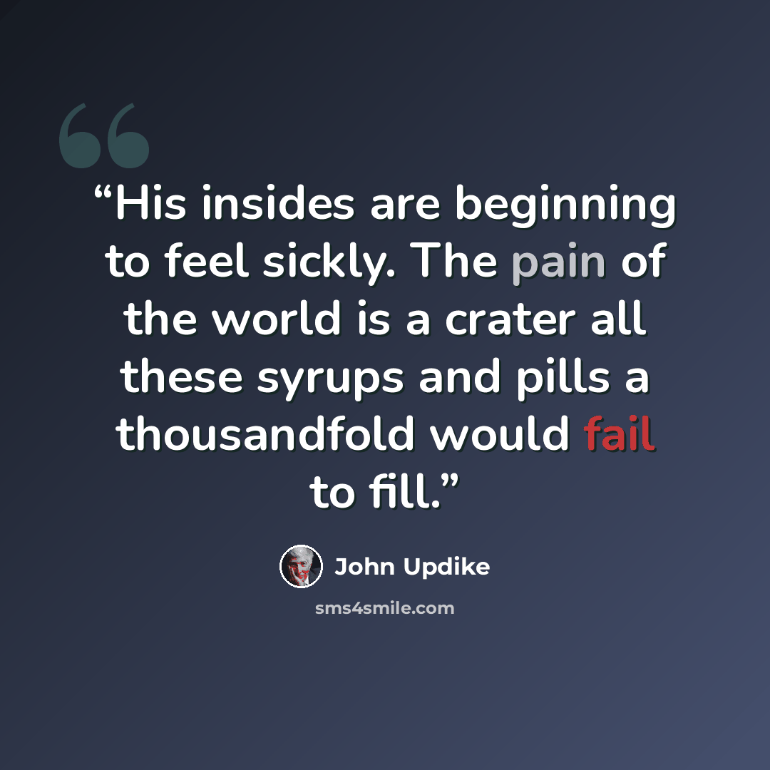 “His insides are beginning to feel sickly. The pain of the world is a crater all these syrups and pills a thousandfold would fail to fill.” quote by John Updike