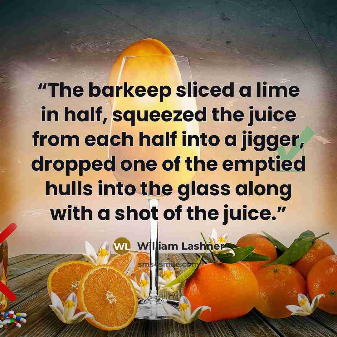 “The barkeep sliced a lime in half, squeezed the juice from each half into a jigger, dropped one of the emptied hulls into the glass along with a shot of the juice.” quote by William Lashner