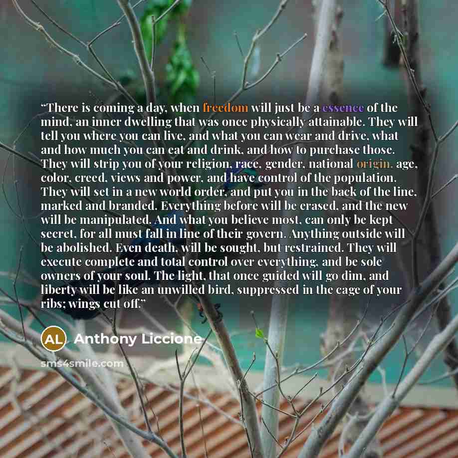 “There is coming a day, when freedom will just be a essence of the mind, an inner dwelling that was once physically attainable. They will tell you where you can live, and what you can wear and drive, what and how much you can eat and drink, and how to purchase those. They will strip you of your…” quote by Anthony Liccione