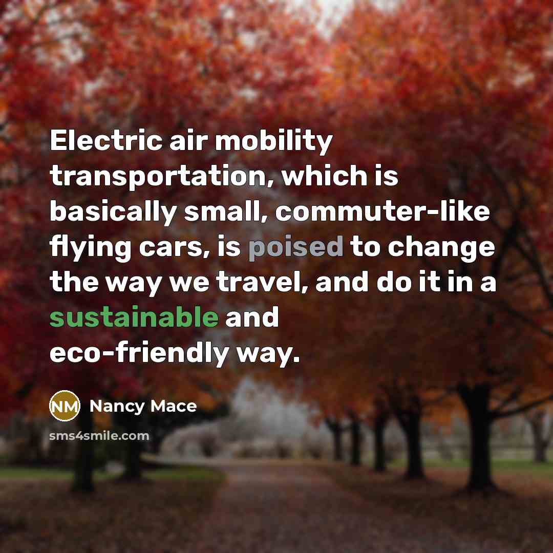 “Electric air mobility transportation, which is basically small, commuter-like flying cars, is poised to change the way we travel, and do it in a sustainable and eco-friendly way.” quote by Nancy Mace