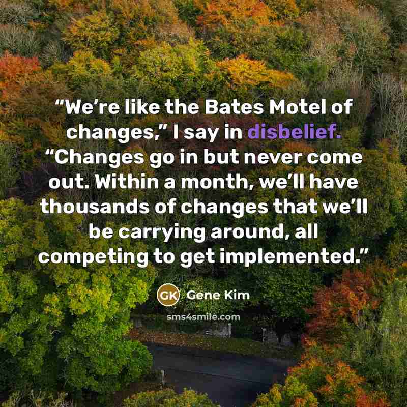 “We’re like the Bates Motel of changes,” I say in disbelief. “Changes go in but never come out. Within a month, we’ll have thousands of changes that we’ll be carrying around, all competing to get implemented.” quote by Gene Kim
