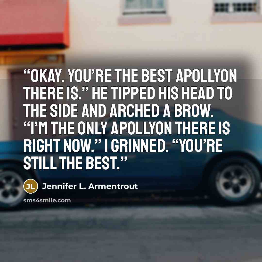 “Okay. You’re the best Apollyon there is.” He tipped his head to the side and arched a brow. “I’m the only Apollyon there is right now.” I grinned. “You’re still the best.” quote by Jennifer L. Armentrout