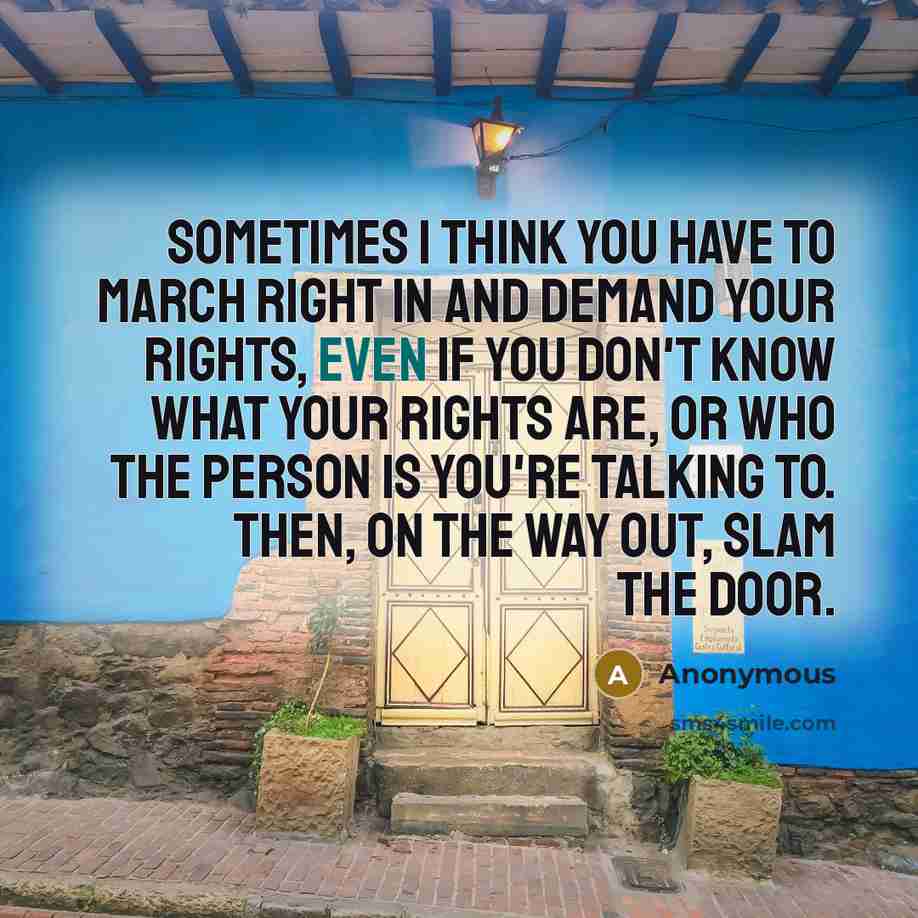 “Sometimes I think you have to march right in and demand your rights, even if you don't know what your rights are, or who the person is you're talking to. Then, on the way out, slam the door.” quote by Anonymous