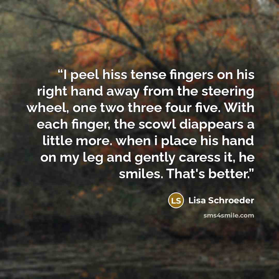 “I peel hiss tense fingers on his right hand away from the steering wheel, one two three four five. With each finger, the scowl diappears a little more. when i place his hand on my leg and gently caress it, he smiles. That's better.” quote by Lisa Schroeder
