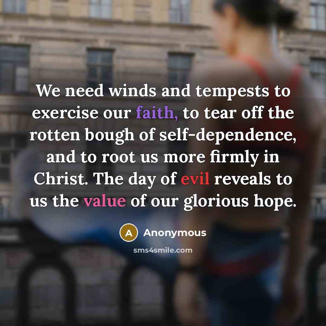 “We need winds and tempests to exercise our faith, to tear off the rotten bough of self-dependence, and to root us more firmly in Christ. The day of evil reveals to us the value of our glorious hope.” quote by Anonymous