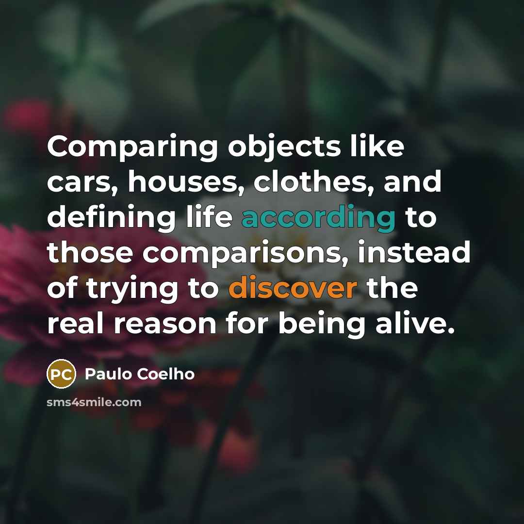 “Comparing objects like cars, houses, clothes, and defining life according to those comparisons, instead of trying to discover the real reason for being alive.” quote by Paulo Coelho