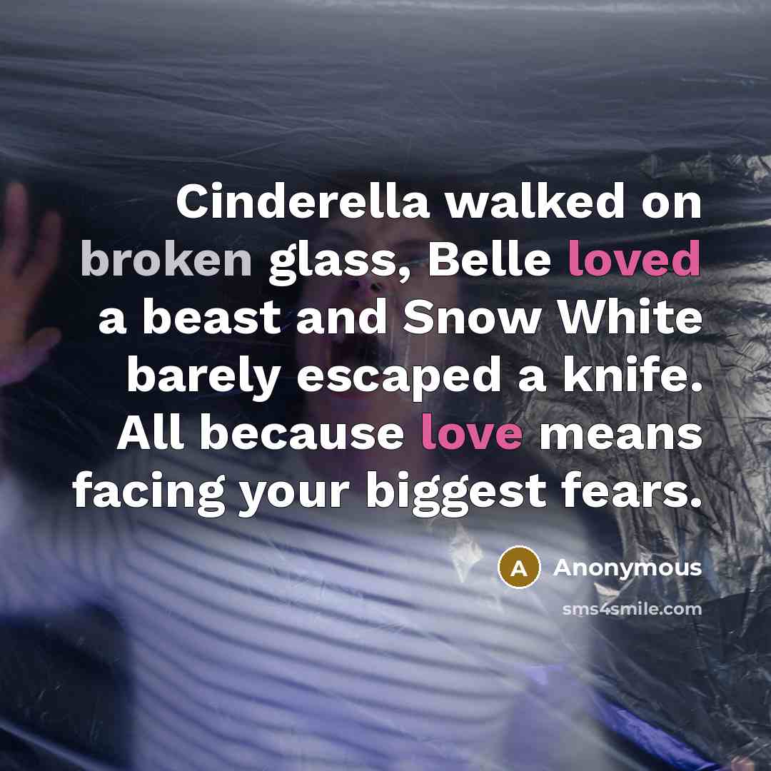 “Cinderella walked on broken glass, Belle loved a beast and Snow White barely escaped a knife. All because love means facing your biggest fears.” quote by Anonymous