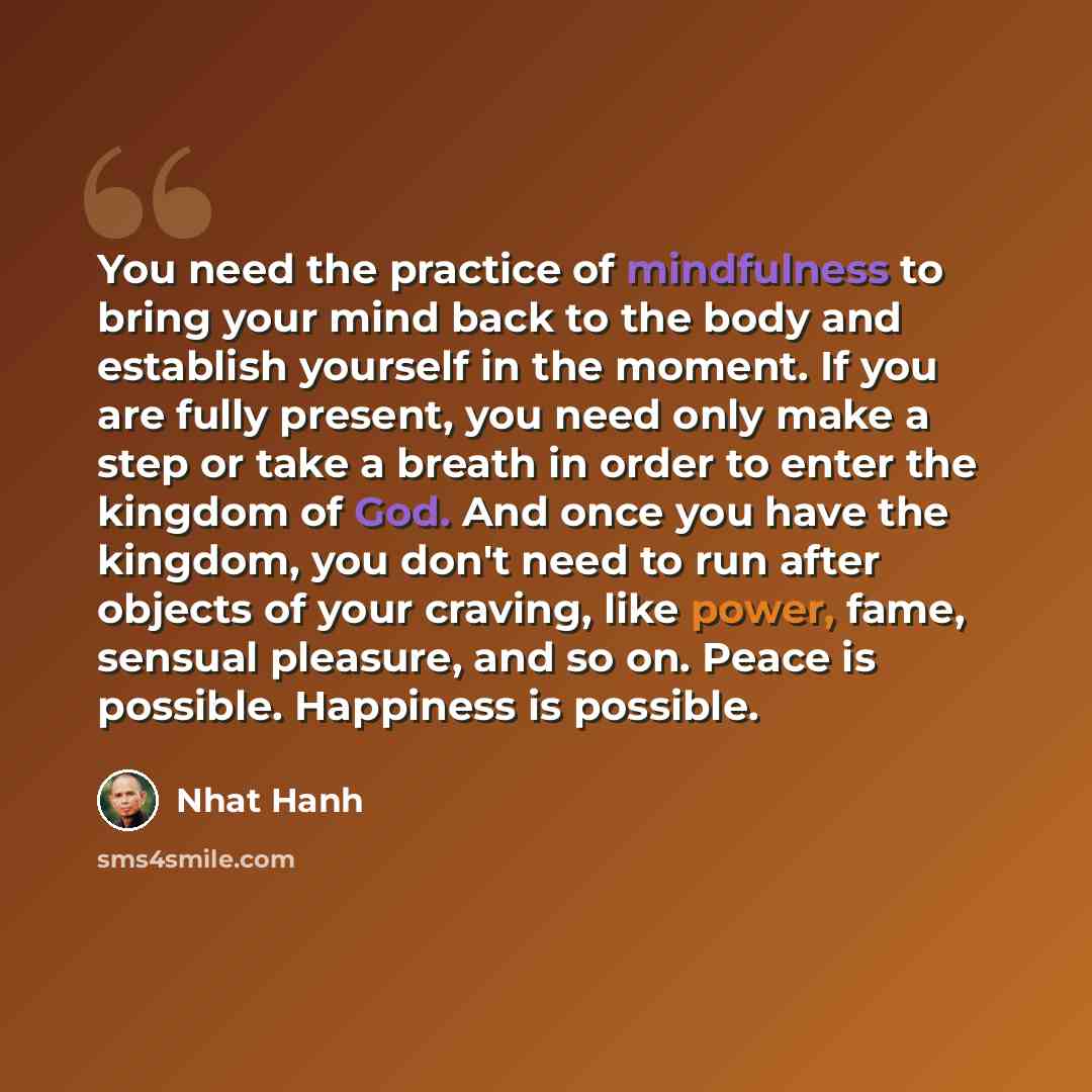 “You need the practice of mindfulness to bring your mind back to the body and establish yourself in the moment. If you are fully present, you need only make a step or take a breath in order to enter the kingdom of God. And once you have the kingdom, you don't need to run after objects of your…” quote by Nhat Hanh