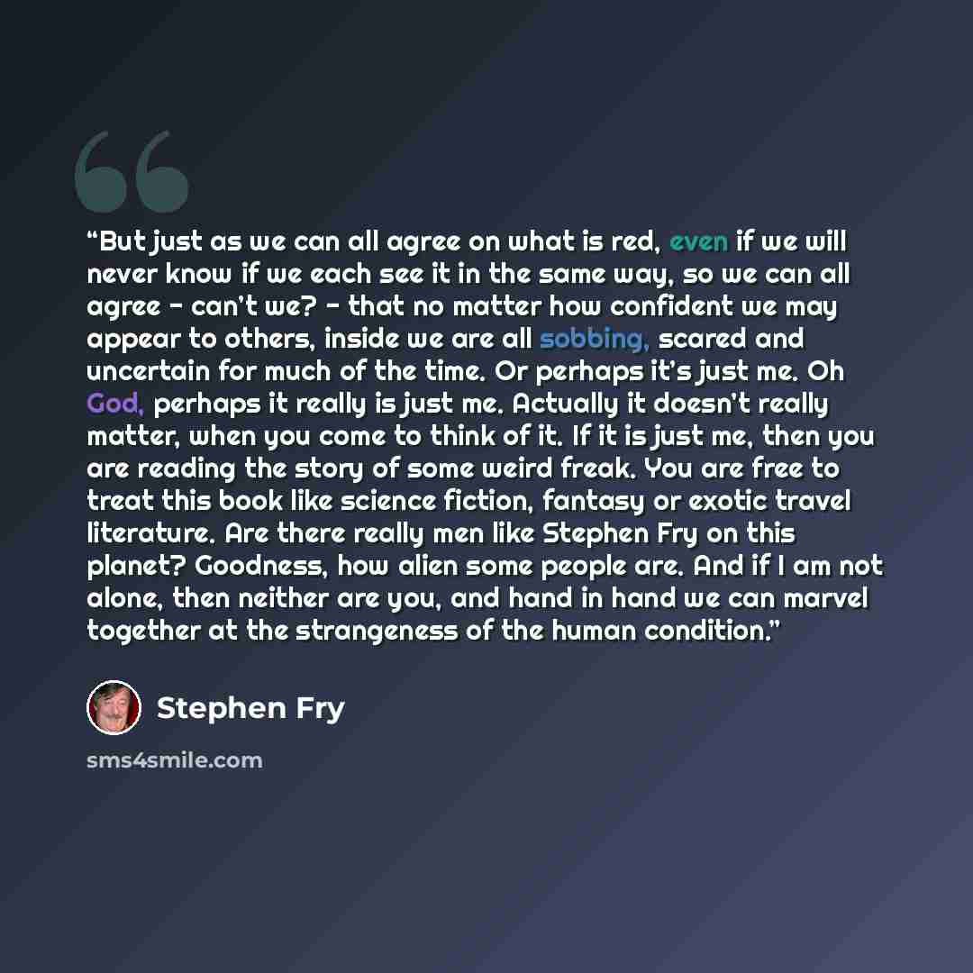“But just as we can all agree on what is red, even if we will never know if we each see it in the same way, so we can all agree - can’t we? - that no matter how confident we may appear to others, inside we are all sobbing, scared and uncertain for much of the time. Or perhaps it’s just me. Oh God…” quote by Stephen Fry