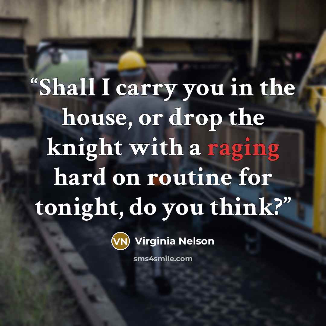 “Shall I carry you in the house, or drop the knight with a raging hard on routine for tonight, do you think?” quote by Virginia Nelson