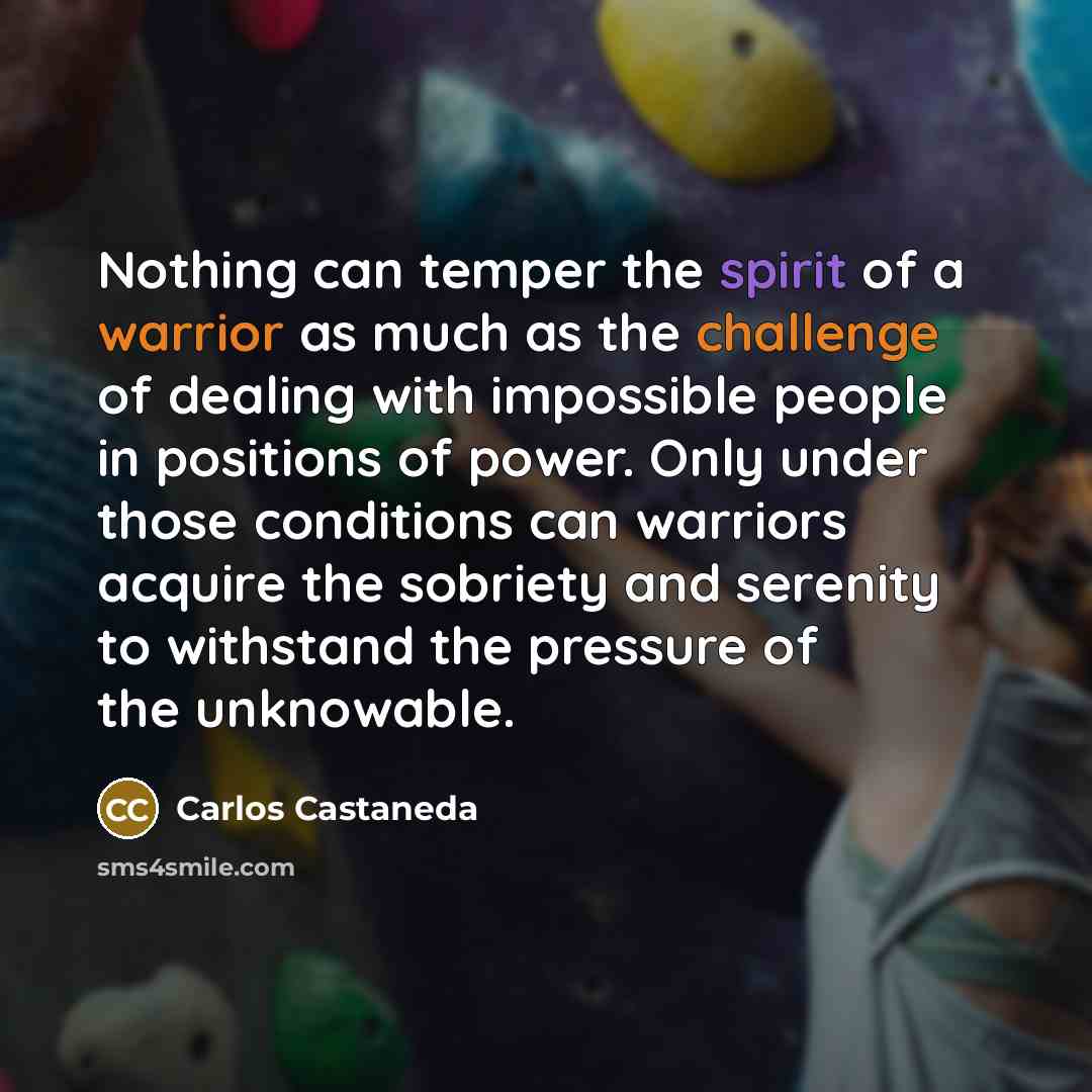 “Nothing can temper the spirit of a warrior as much as the challenge of dealing with impossible people in positions of power. Only under those conditions can warriors acquire the sobriety and serenity to withstand the pressure of the unknowable.” quote by Carlos Castaneda