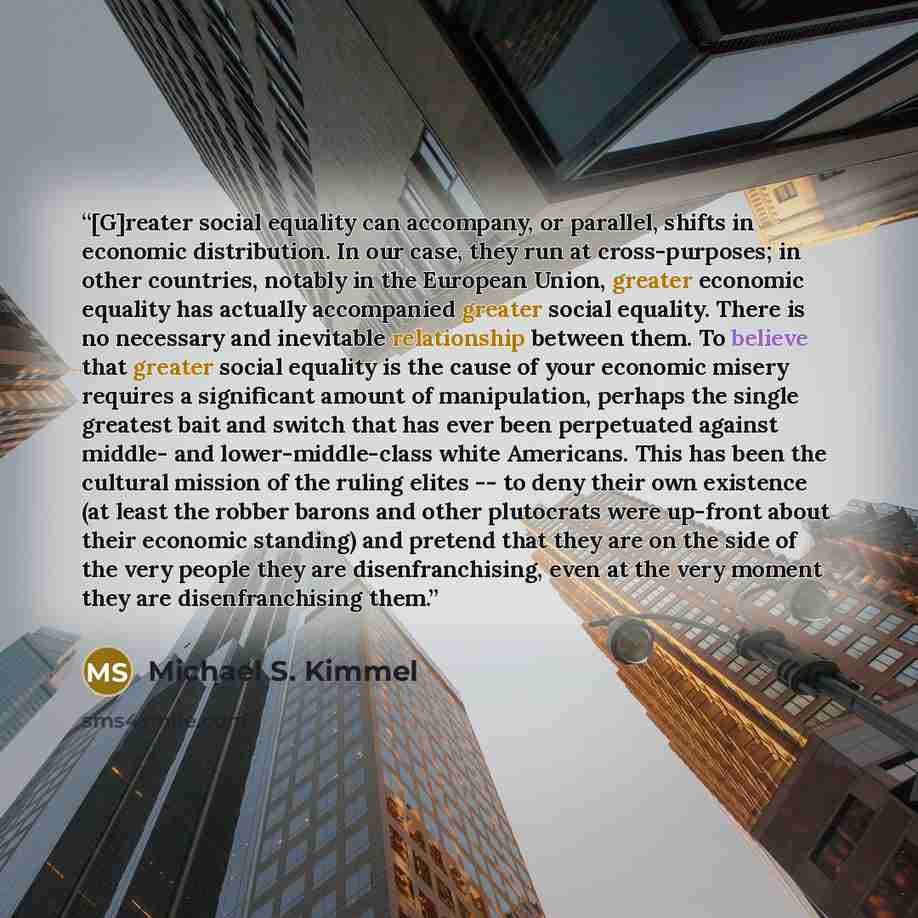 “[G]reater social equality can accompany, or parallel, shifts in economic distribution. In our case, they run at cross-purposes; in other countries, notably in the European Union, greater economic equality has actually accompanied greater social equality. There is no necessary and inevitable…” quote by Michael S. Kimmel