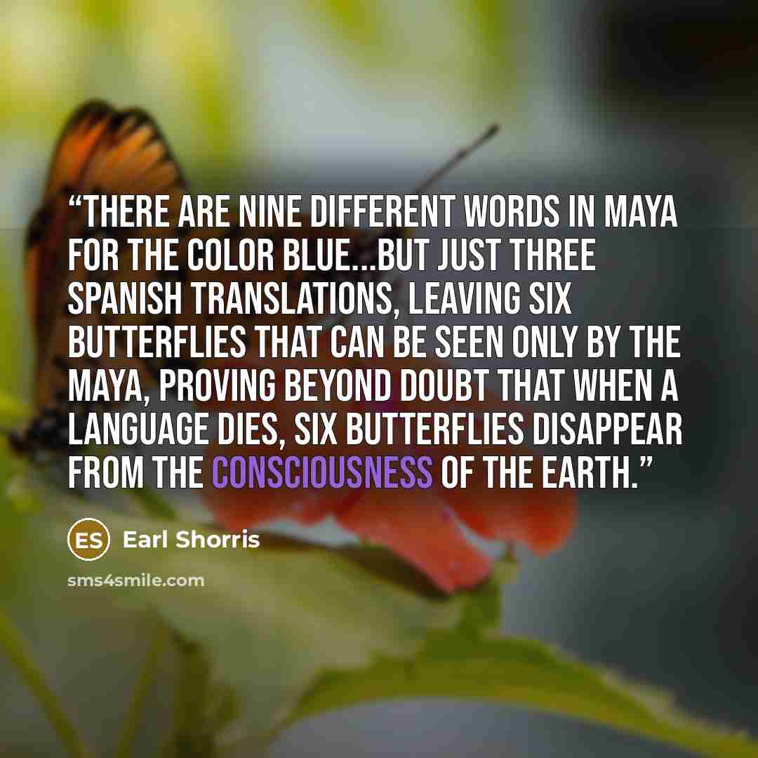 “There are nine different words in Maya for the color blue...but just three Spanish translations, leaving six butterflies that can be seen only by the Maya, proving beyond doubt that when a language dies, six butterflies disappear from the consciousness of the earth.” quote by Earl Shorris