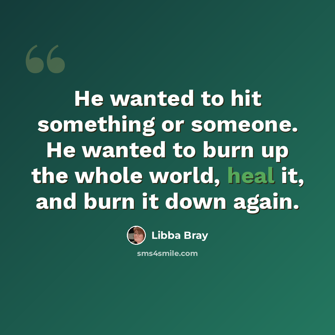 “He wanted to hit something or someone. He wanted to burn up the whole world, heal it, and burn it down again.” quote by Libba Bray