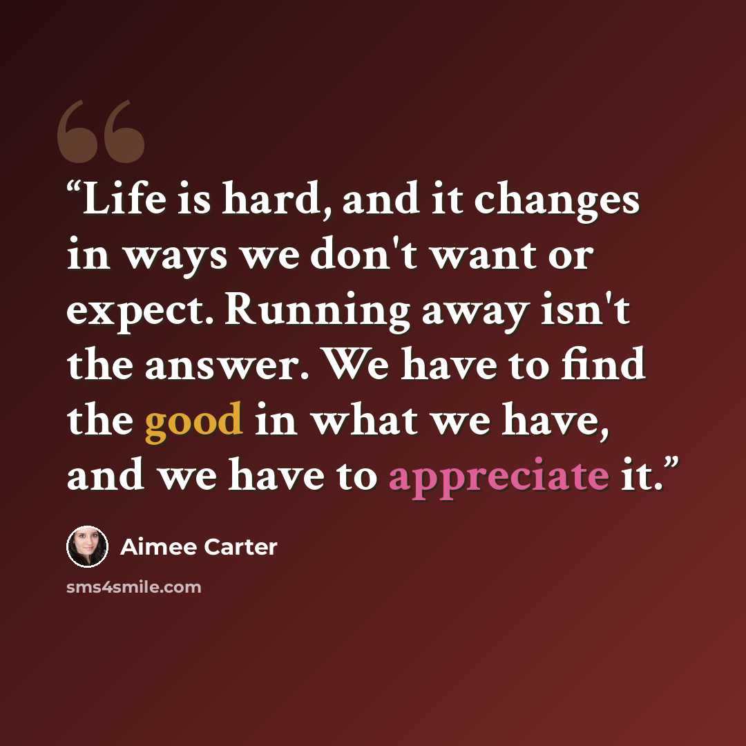 “Life is hard, and it changes in ways we don't want or expect. Running away isn't the answer. We have to find the good in what we have, and we have to appreciate it.” quote by Aimee Carter