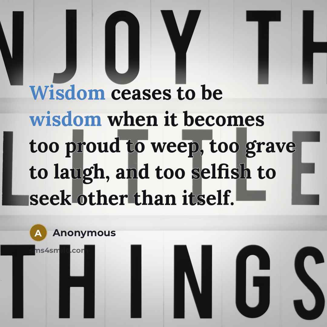“Wisdom ceases to be wisdom when it becomes too proud to weep, too grave to laugh, and too selfish to seek other than itself.” quote by Anonymous