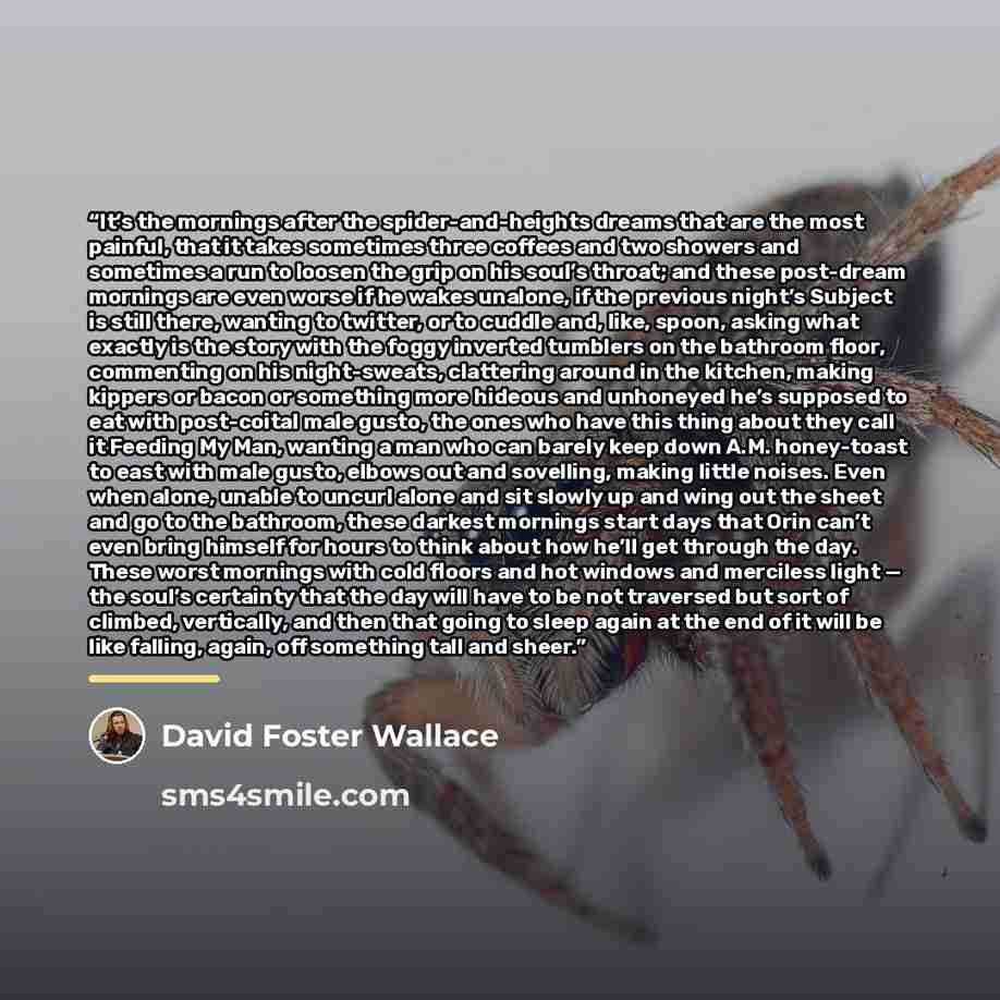 “It’s the mornings after the spider-and-heights dreams that are the most painful, that it takes sometimes three coffees and two showers and sometimes a run to loosen the grip on his soul’s throat; and these post-dream mornings are even worse if he wakes unalone, if the previous night’s Subject is…” quote by David Foster Wallace