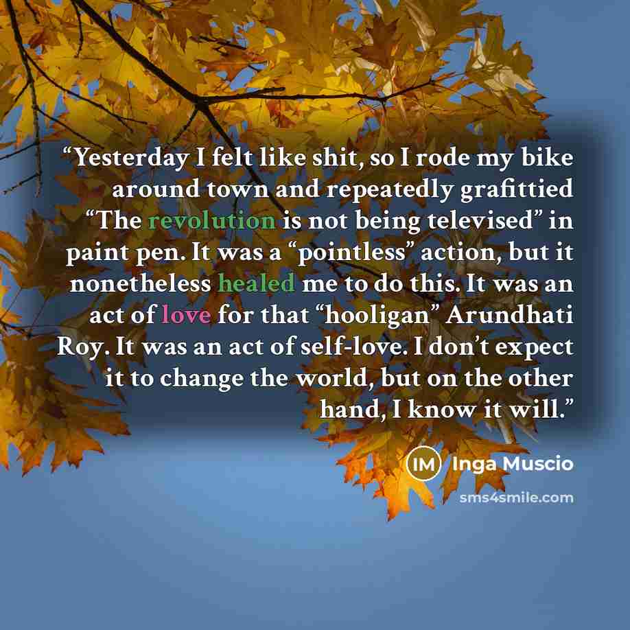 “Yesterday I felt like shit, so I rode my bike around town and repeatedly grafittied “The revolution is not being televised” in paint pen. It was a “pointless” action, but it nonetheless healed me to do this. It was an act of love for that “hooligan” Arundhati Roy. It was an act of self-love. I…” quote by Inga Muscio
