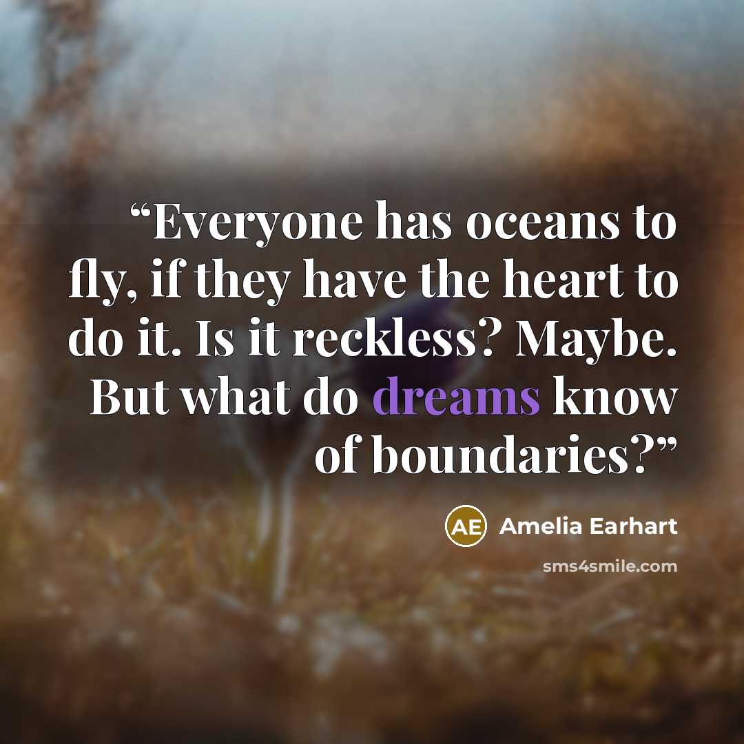 “Everyone has oceans to fly, if they have the heart to do it. Is it reckless? Maybe. But what do dreams know of boundaries?” quote by Amelia Earhart