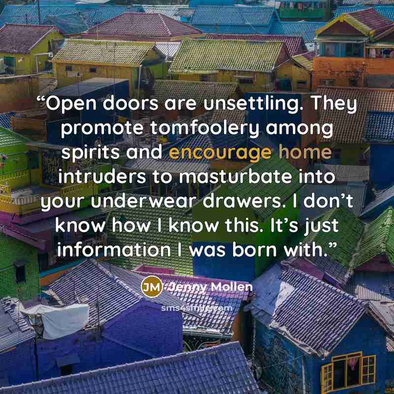 “Open doors are unsettling. They promote tomfoolery among spirits and encourage home intruders to masturbate into your underwear drawers. I don’t know how I know this. It’s just information I was born with.” quote by Jenny Mollen