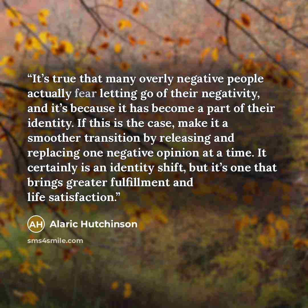 “It’s true that many overly negative people actually fear letting go of their negativity, and it’s because it has become a part of their identity. If this is the case, make it a smoother transition by releasing and replacing one negative opinion at a time. It certainly is an identity shift, but…” quote by Alaric Hutchinson