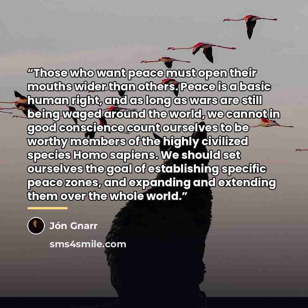 “Those who want peace must open their mouths wider than others. Peace is a basic human right, and as long as wars are still being waged around the world, we cannot in good conscience count ourselves to be worthy members of the highly civilized species Homo sapiens. We should set ourselves the goal…” quote by Jón Gnarr