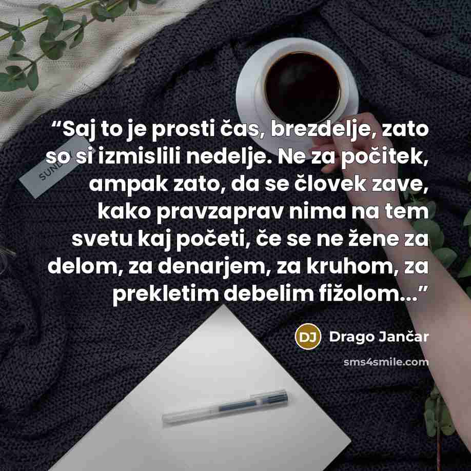 “Saj to je prosti čas, brezdelje, zato so si izmislili nedelje. Ne za počitek, ampak zato, da se človek zave, kako pravzaprav nima na tem svetu kaj početi, če se ne žene za delom, za denarjem, za kruhom, za prekletim debelim fižolom...” quote by Drago Jančar