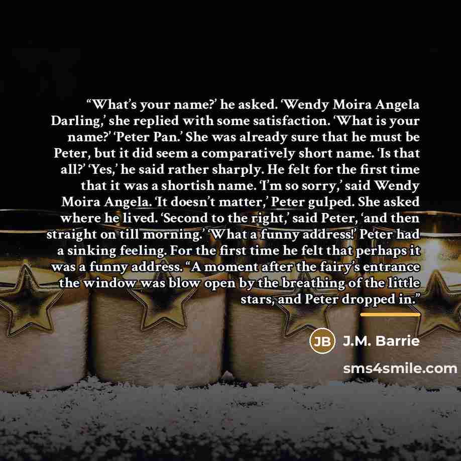 “What’s your name?’ he asked. ‘Wendy Moira Angela Darling,’ she replied with some satisfaction. ‘What is your name?’ ‘Peter Pan.’ She was already sure that he must be Peter, but it did seem a comparatively short name. ‘Is that all?’ ‘Yes,’ he said rather sharply. He felt for the first time that it…” quote by J.M. Barrie