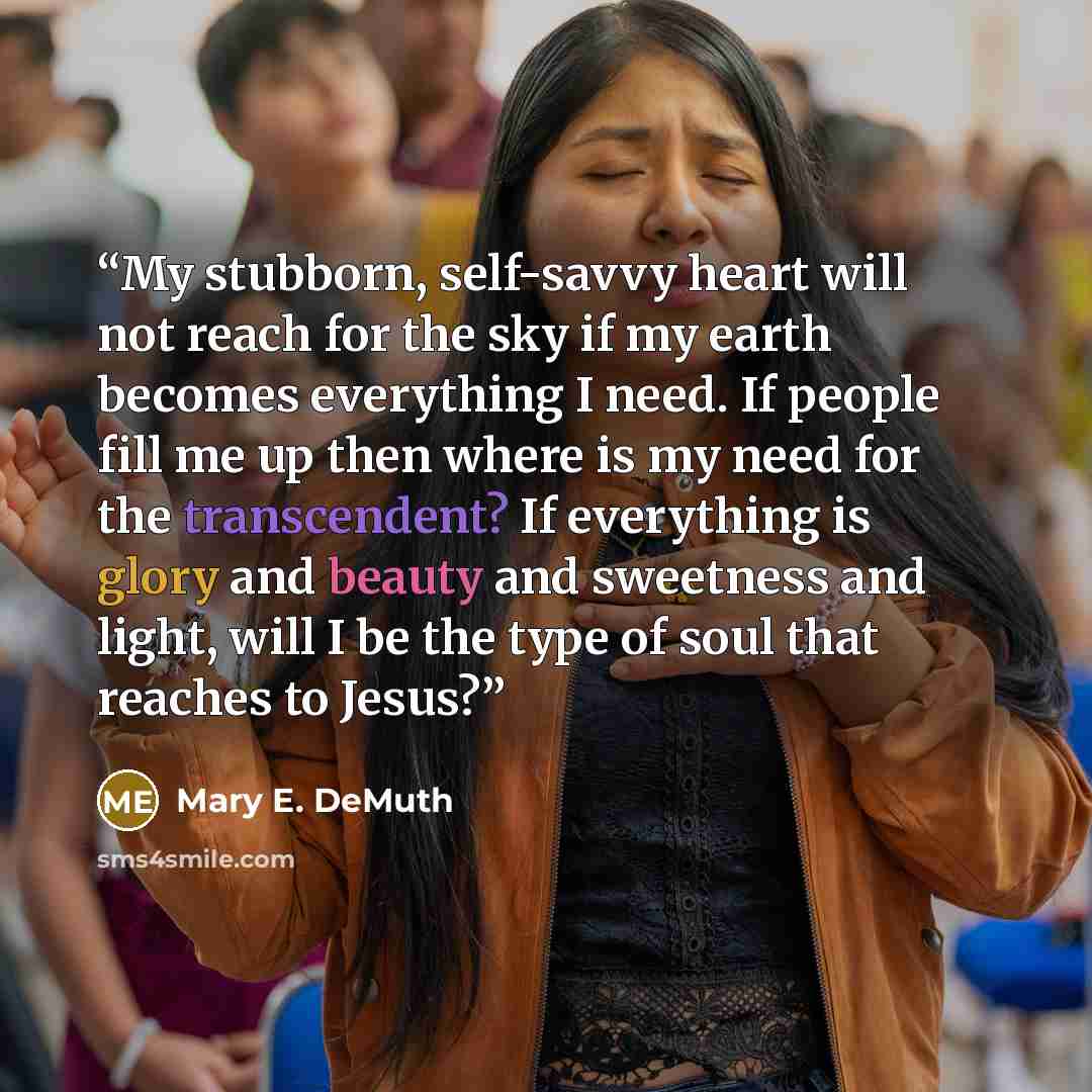 “My stubborn, self-savvy heart will not reach for the sky if my earth becomes everything I need. If people fill me up then where is my need for the transcendent? If everything is glory and beauty and sweetness and light, will I be the type of soul that reaches to Jesus?” quote by Mary E. DeMuth