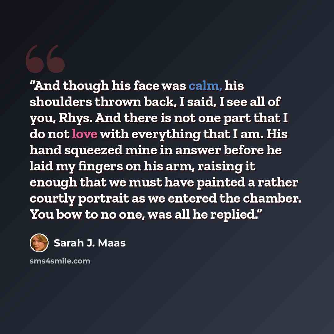 “And though his face was calm, his shoulders thrown back, I said, I see all of you, Rhys. And there is not one part that I do not love with everything that I am. His hand squeezed mine in answer before he laid my fingers on his arm, raising it enough that we must have painted a rather courtly…” quote by Sarah J. Maas
