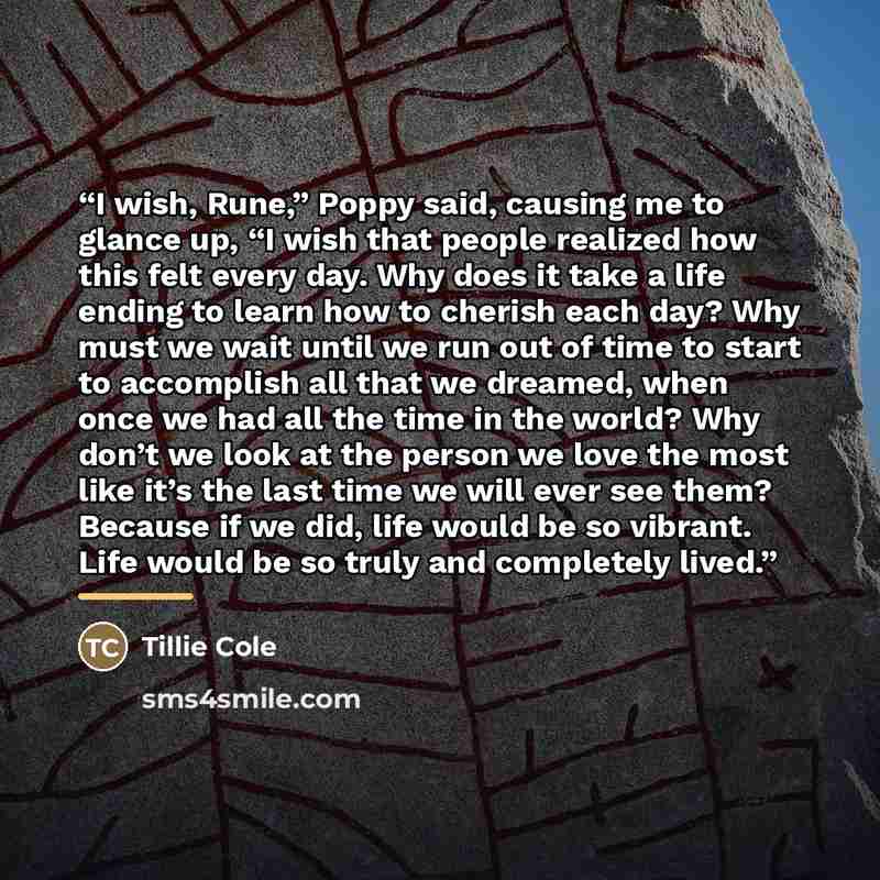 “I wish, Rune,” Poppy said, causing me to glance up, “I wish that people realized how this felt every day. Why does it take a life ending to learn how to cherish each day? Why must we wait until we run out of time to start to accomplish all that we dreamed, when once we had all the time in the…” quote by Tillie Cole