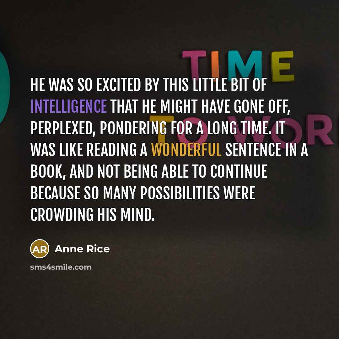 “He was so excited by this little bit of intelligence that he might have gone off, perplexed, pondering for a long time. It was like reading a wonderful sentence in a book, and not being able to continue because so many possibilities were crowding his mind.” quote by Anne Rice