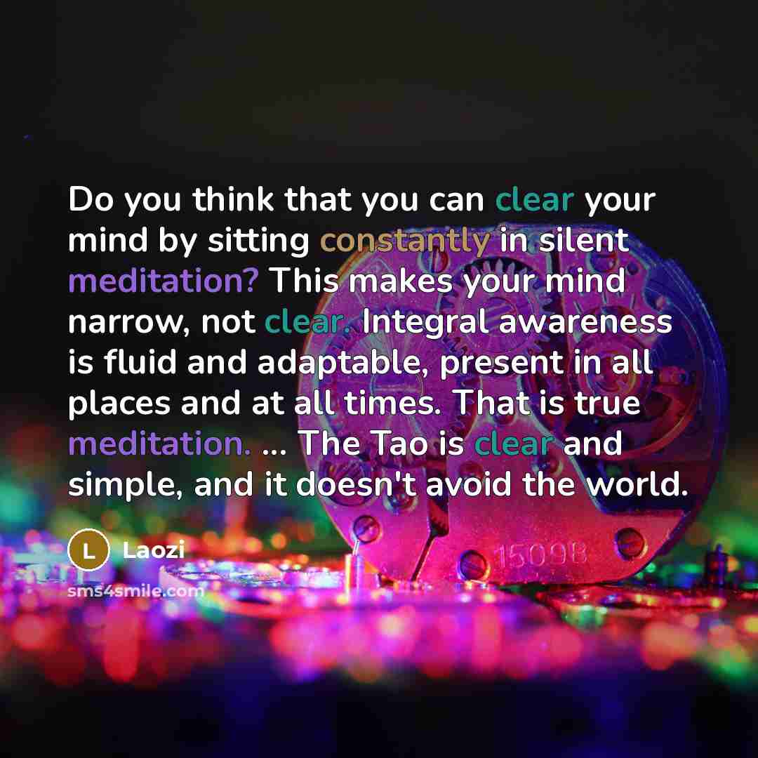 “Do you think that you can clear your mind by sitting constantly in silent meditation? This makes your mind narrow, not clear. Integral awareness is fluid and adaptable, present in all places and at all times. That is true meditation. ... The Tao is clear and simple, and it doesn't avoid the world.” quote by Laozi